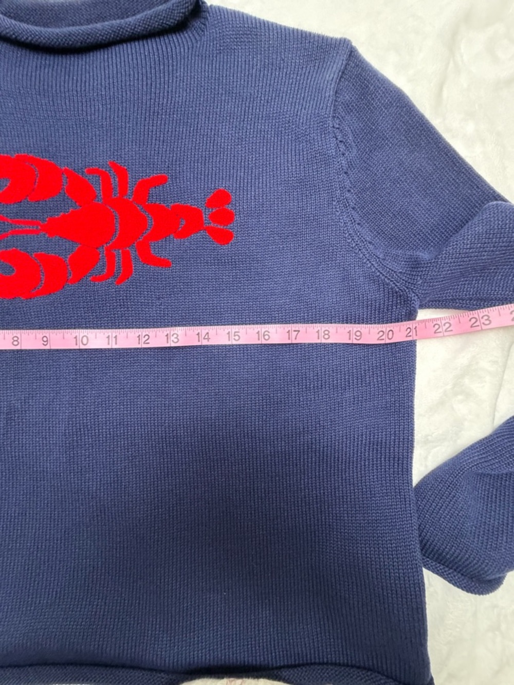 Navy Cotton Roll Neck Sweater Embroidered Red Lobster M/L Coastal Nautical - Picture 7 of 9